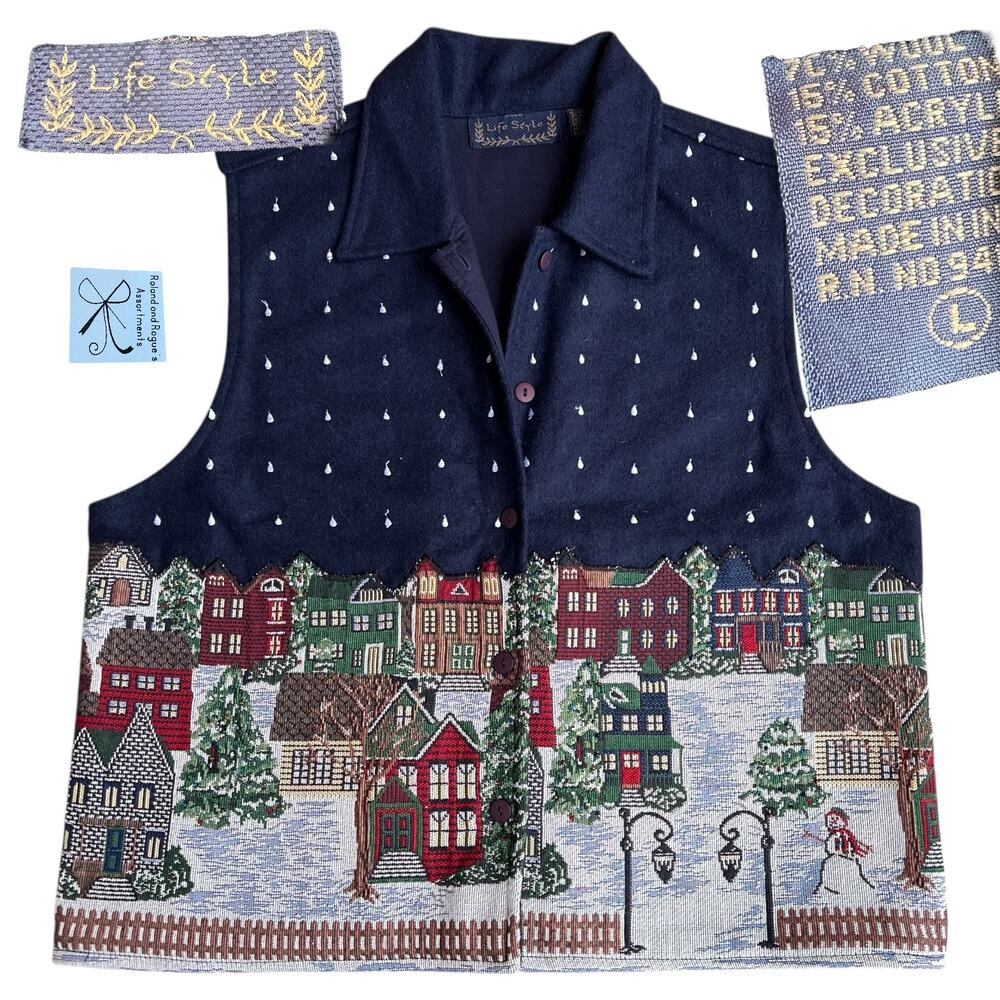 Life Style Wool Blend Holiday Embroidered Tapestry Vest Sz L